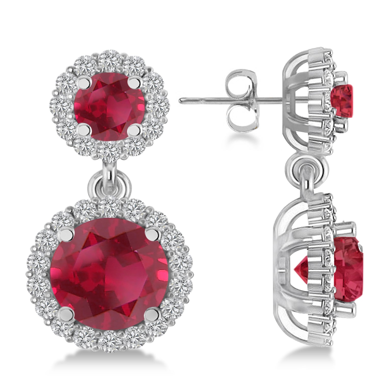 Dual Stone Dangling Diamond & Ruby Earrings in 14k White Gold (3.00ct) Side View