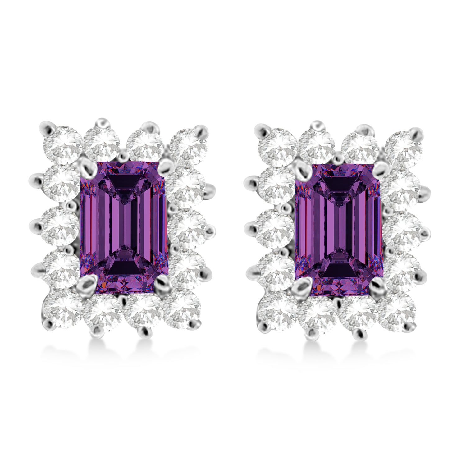 Emerald-Cut Alexandrite & Diamond Halo Stud Earrings in 14K White Gold (1.80ctw Total) – Elegant Fine Jewelry Gift for Women front view