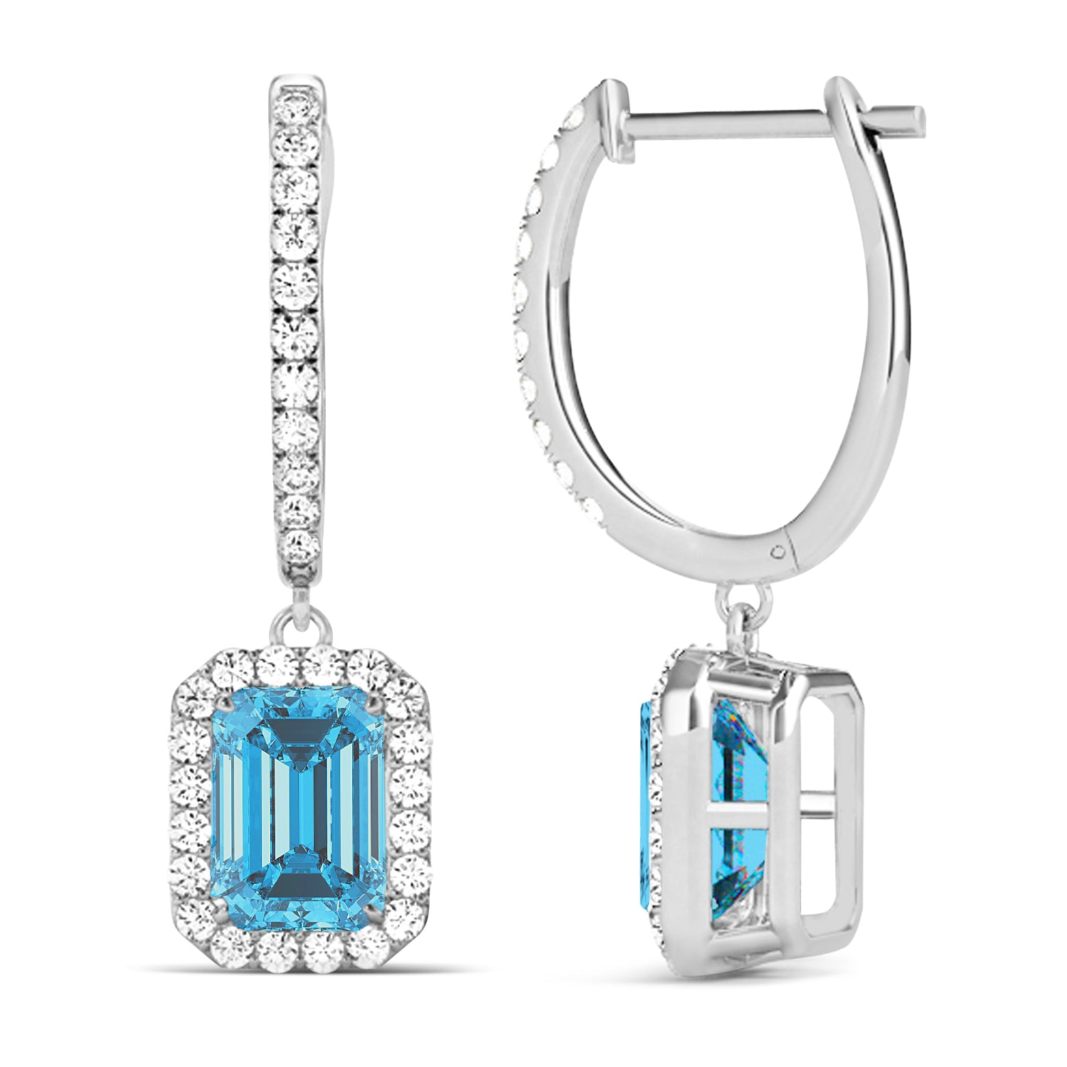 Diamond halo and emerald cut blue topaz earrings dangle Front and Side View