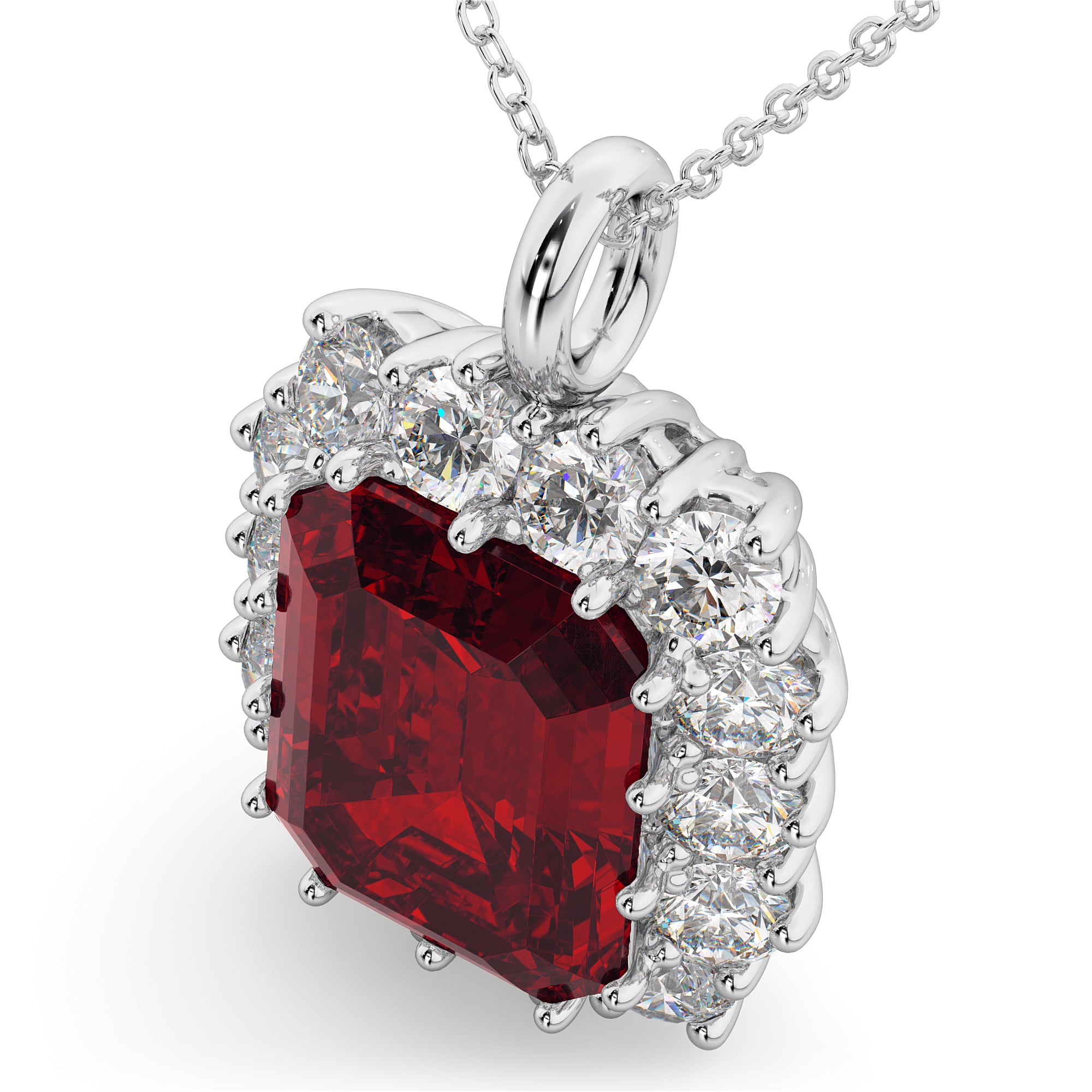 diamond halo and emerald cut ruby necklace top view