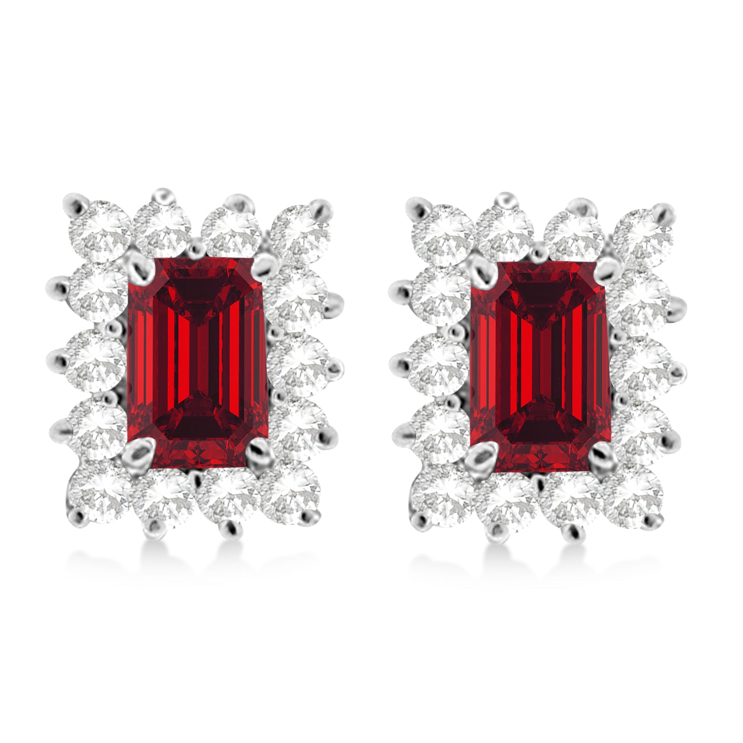 Emerald Cut Ruby & Diamond Stud Earrings in 14k White Gold (1.80ctw) Front View