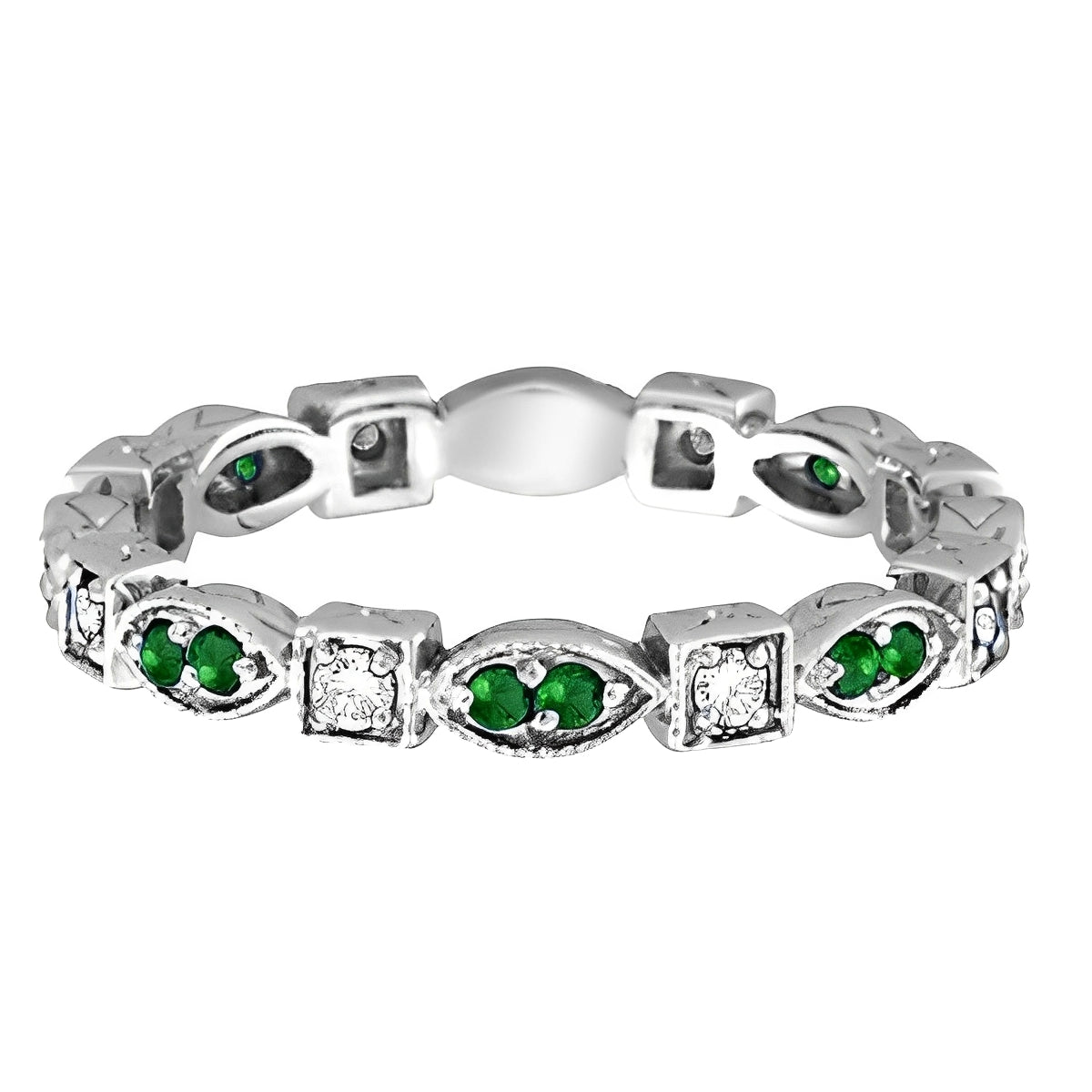 Emerald & Diamond Eternity Ring Anniversary Band 14k White Gold Flat View