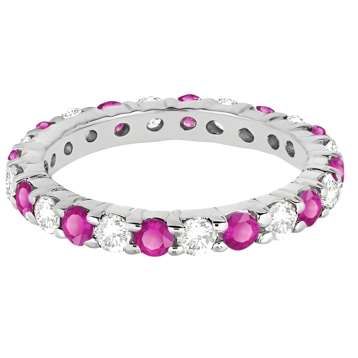 Eternity Diamond & Pink Sapphire Ring Band 14k White Gold (2.35ct) Flat View