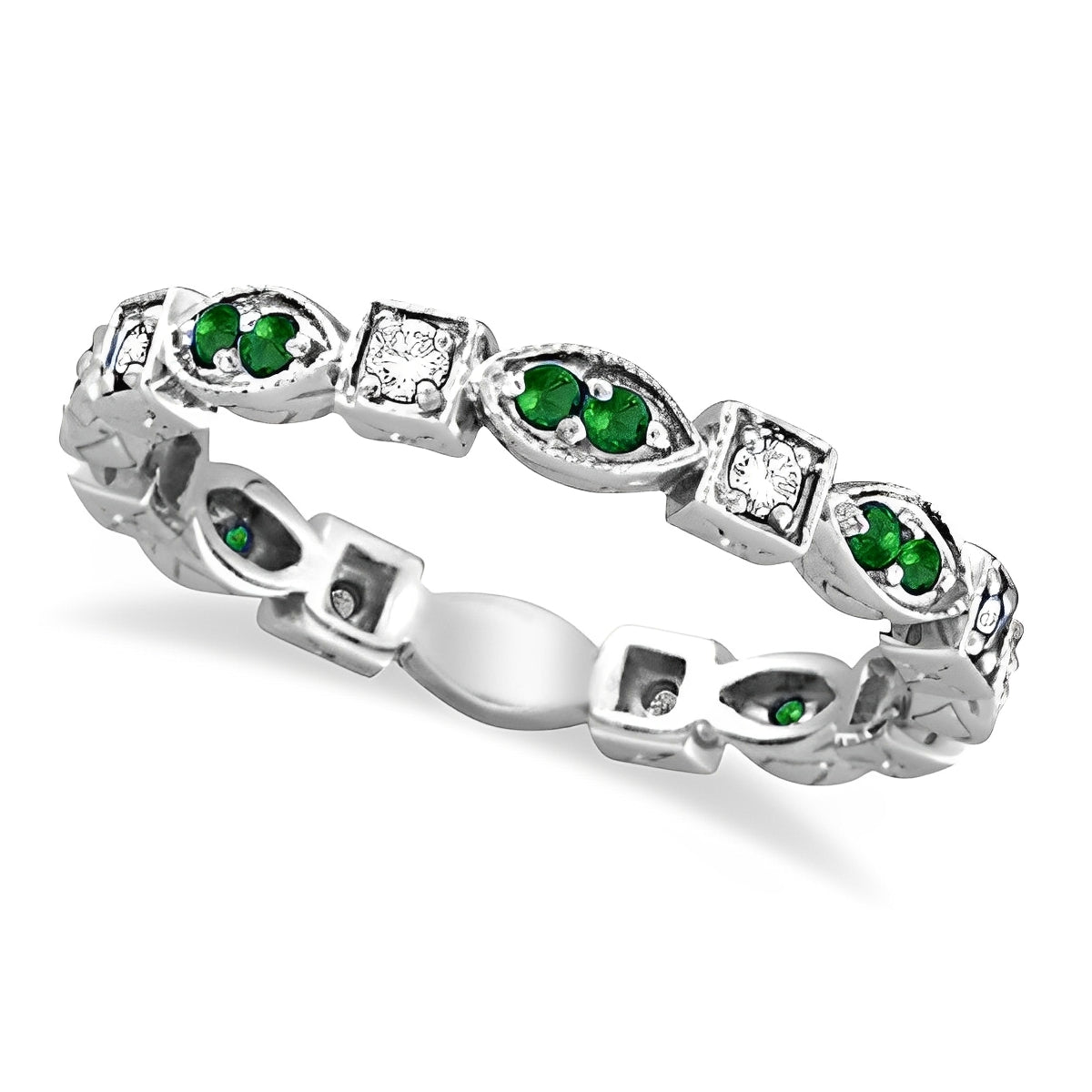 Eternity Diamond and emerald ring in 14k gold top view