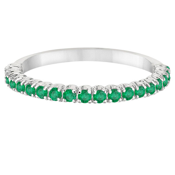 Half-Eternity Emerald Stacking Ring in 14K White Gold – Pave & Prong Set (0.65ct Total) flat view