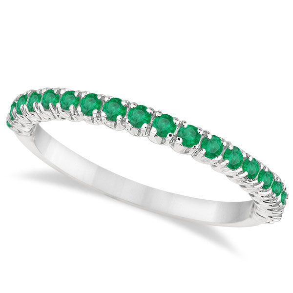 Half-Eternity Emerald Stacking Ring in 14K White Gold – Pave & Prong Set (0.65ct Total) top view