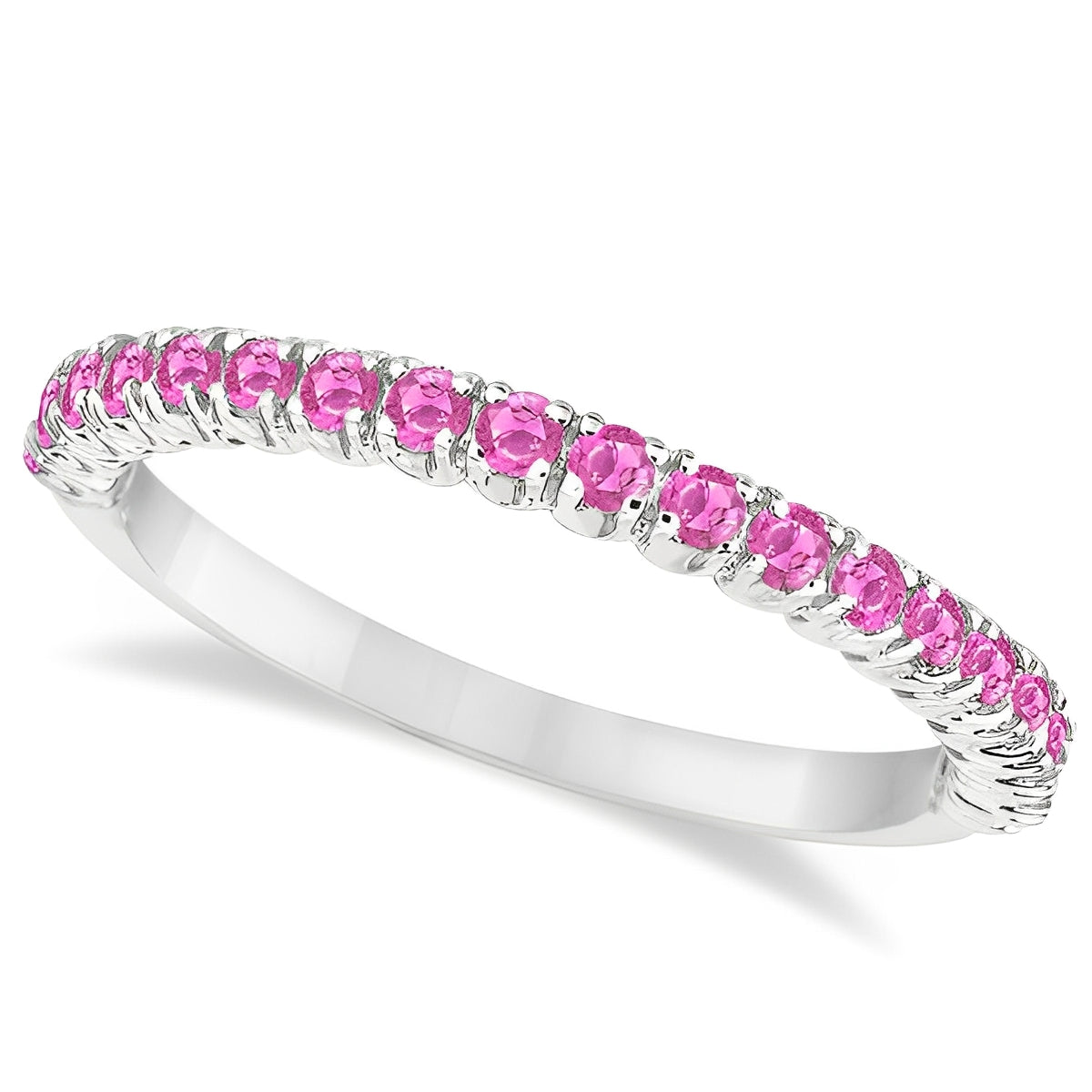 Half-Eternity Pink Sapphire Stacking Ring in 14K White Gold – Pave & Prong Set (0.65ct Total) top view