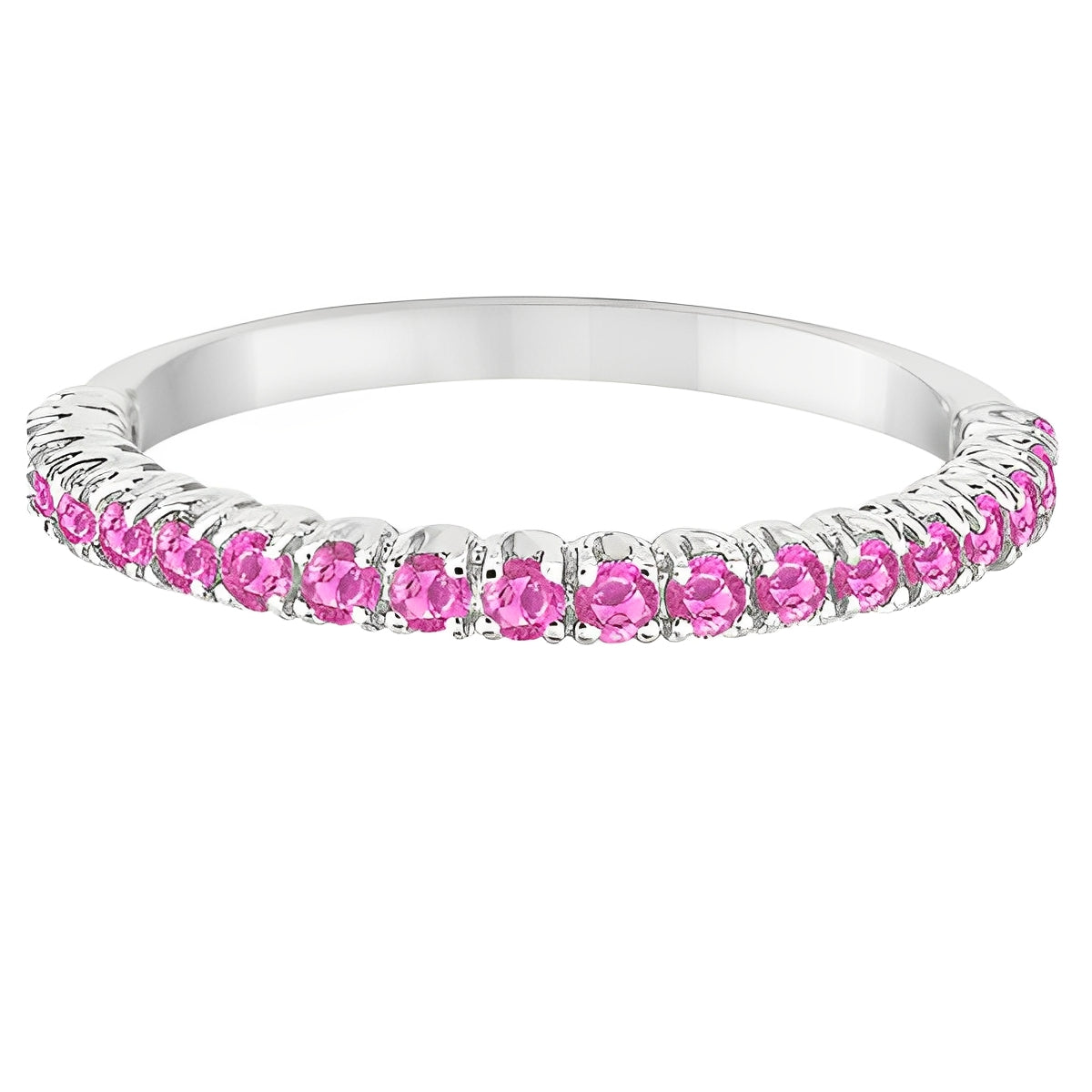 Half-Eternity Pink Sapphire Stacking Ring in 14K White Gold – Pave & Prong Set (0.65ct Total) flat view