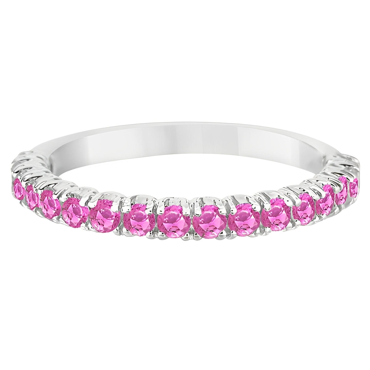 Half-Eternity Pink Sapphire Stacking Ring in 14K White Gold – Pave & Prong Set (0.95ct Total) flat view