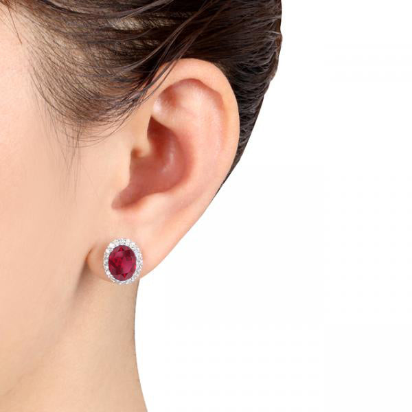 Halo Diamond & Oval Ruby Stud Earrings 14k White Gold 4.80ct when Worn