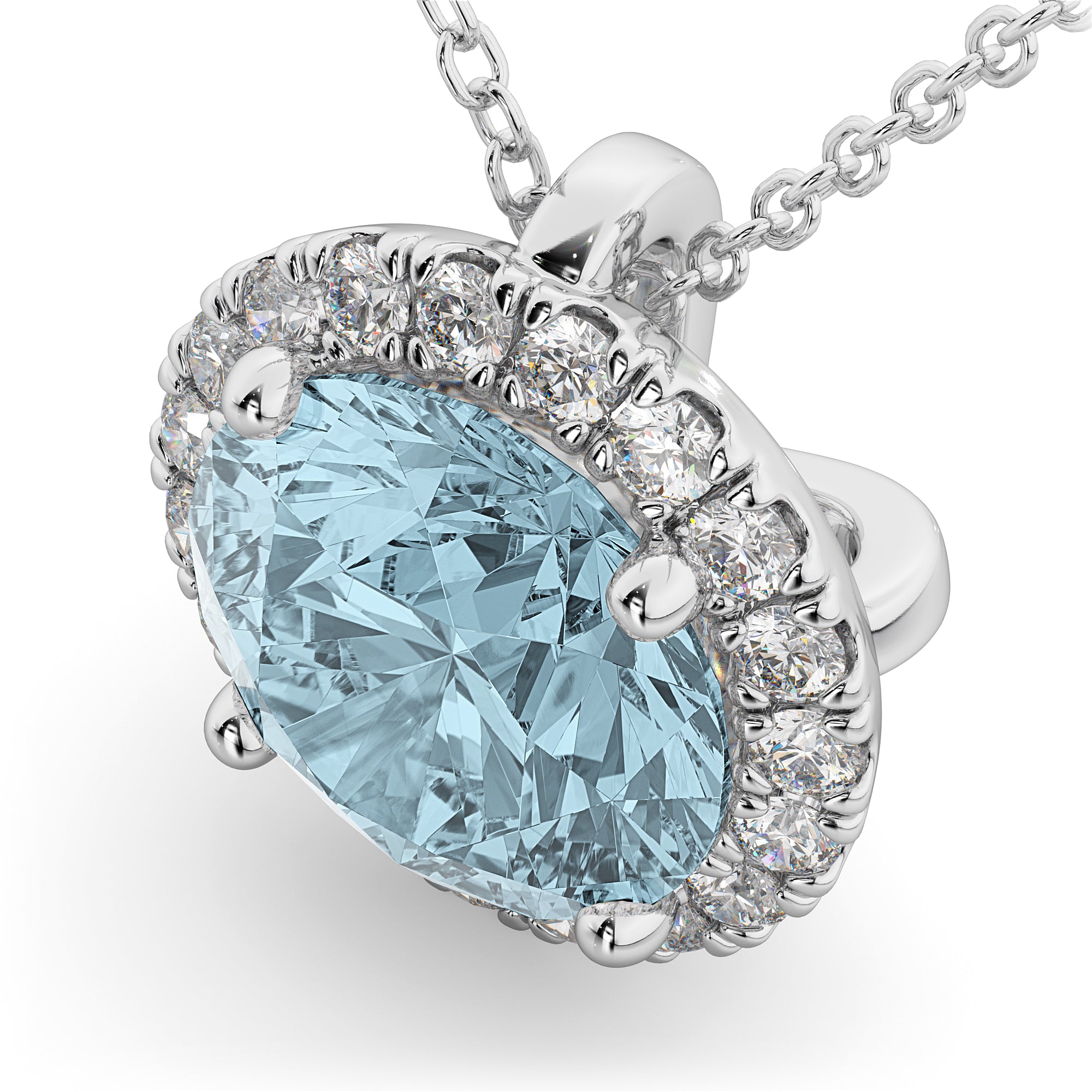 Halo Round Aquamarine & Diamond Pendant Necklace in 14K White Gold (2.69ct) – March Birthstone Fine Jewelry Gift for Women Top View