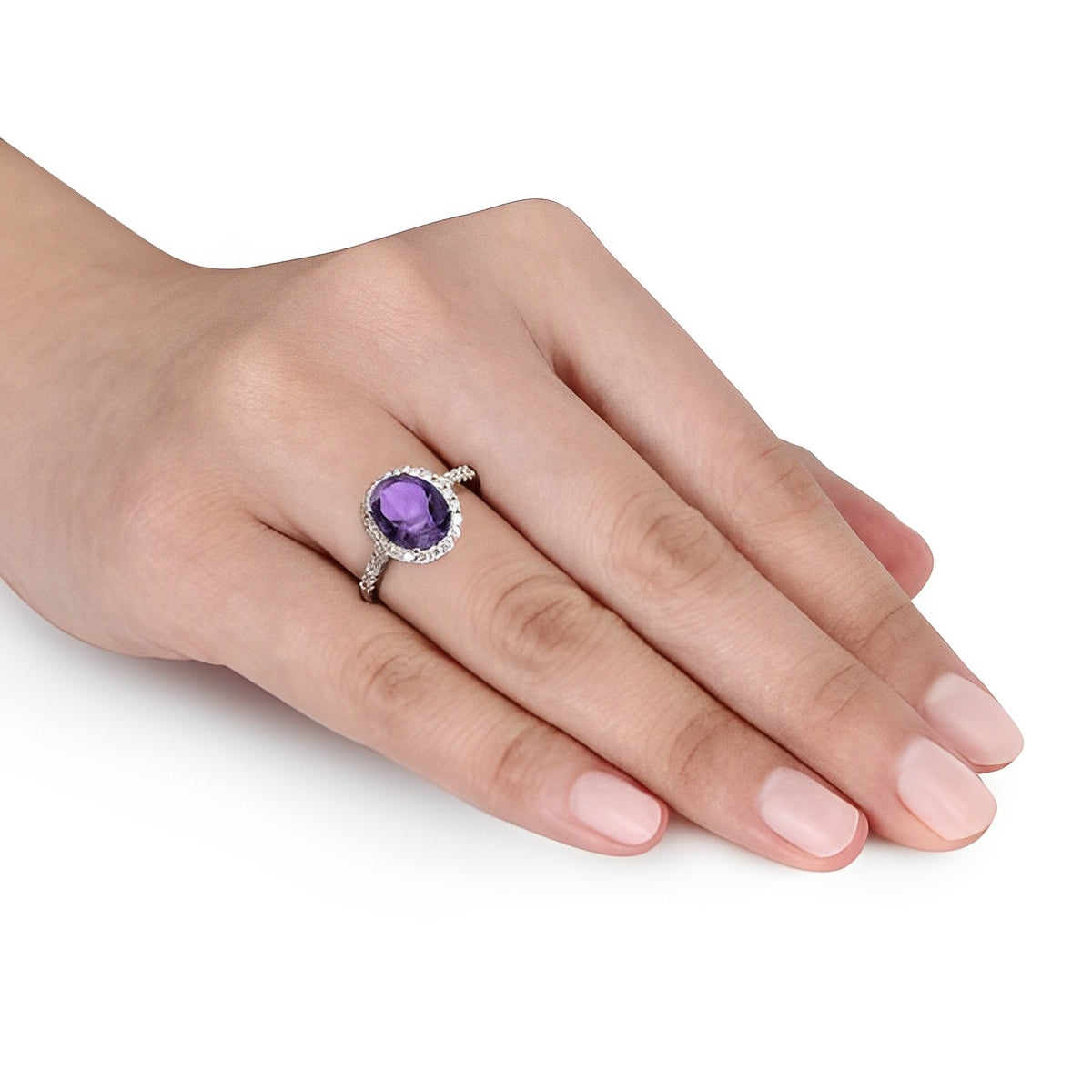 Halo Diamond & Oval Amethyst Ring in 14k White Gold (2.82ct) when Worn 2