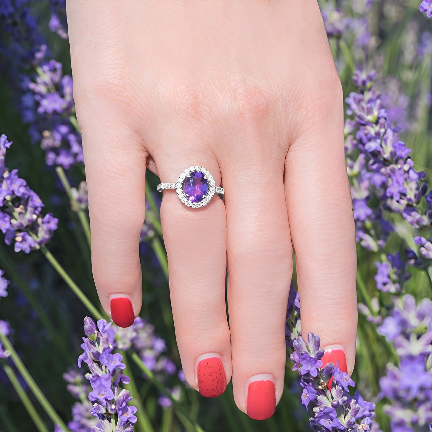 Halo Diamond & Oval Amethyst Ring in 14k White Gold (2.82ct) when Worn 4