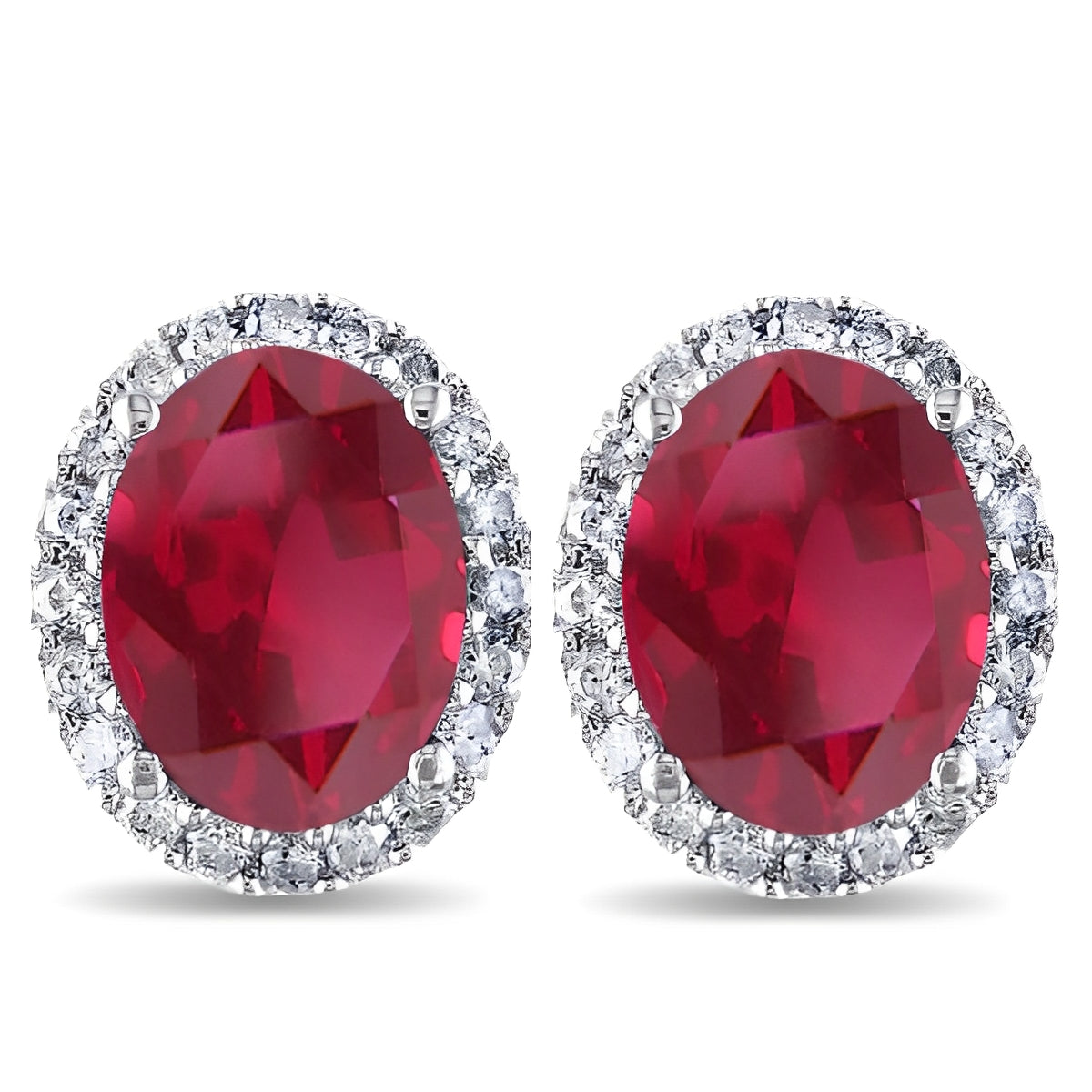 Halo Diamond & Oval Ruby Stud Earrings 14k White Gold 4.80ct Front View