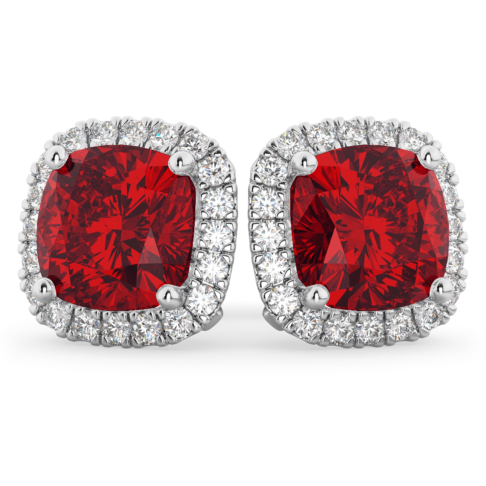 Halo Lab Diamond & Cushion Ruby Earrings in 14k White Gold (4.04ct) Front View