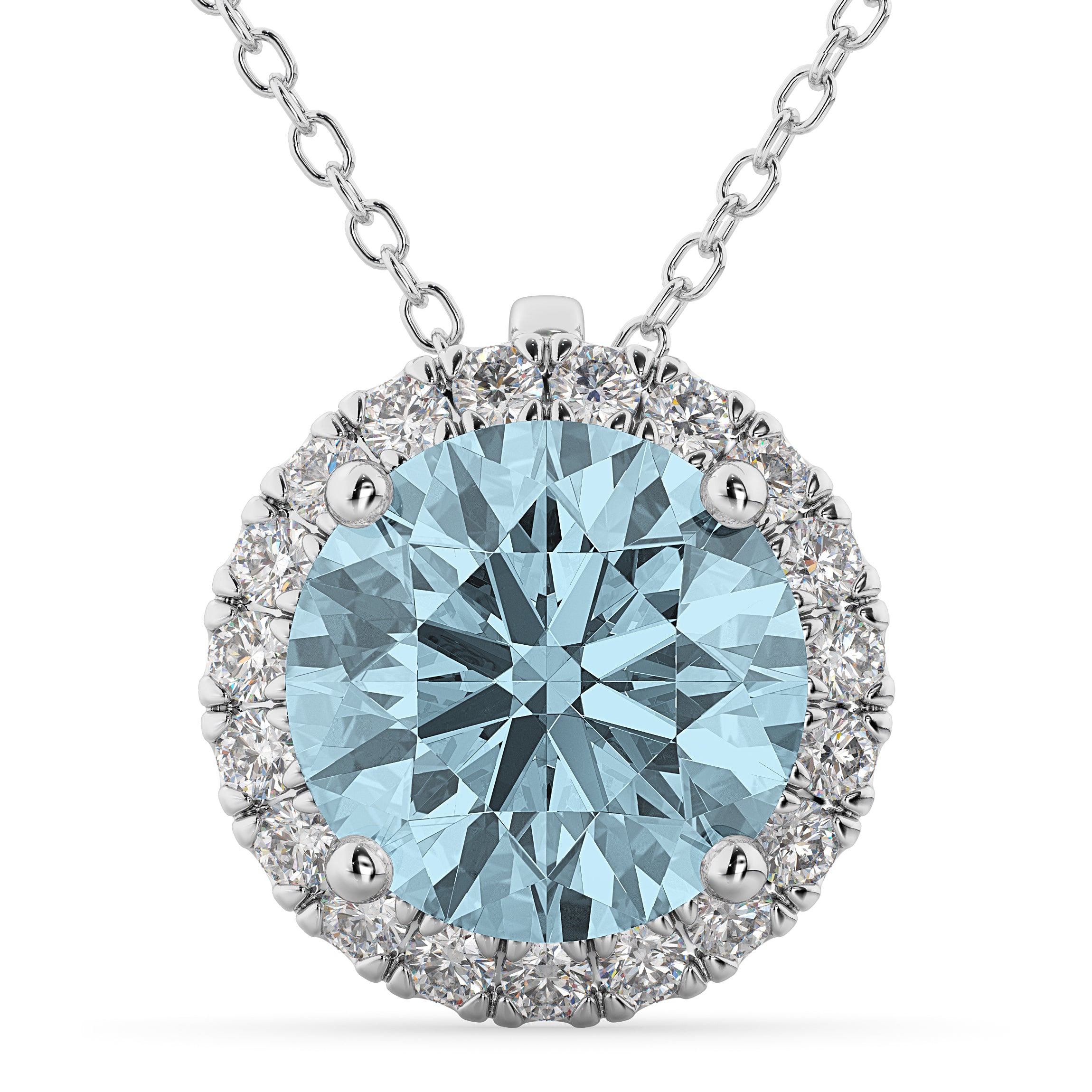 Halo Round Aquamarine & Diamond Pendant Necklace in 14K White Gold (2.69ct) – March Birthstone Fine Jewelry Gift for Women Top View