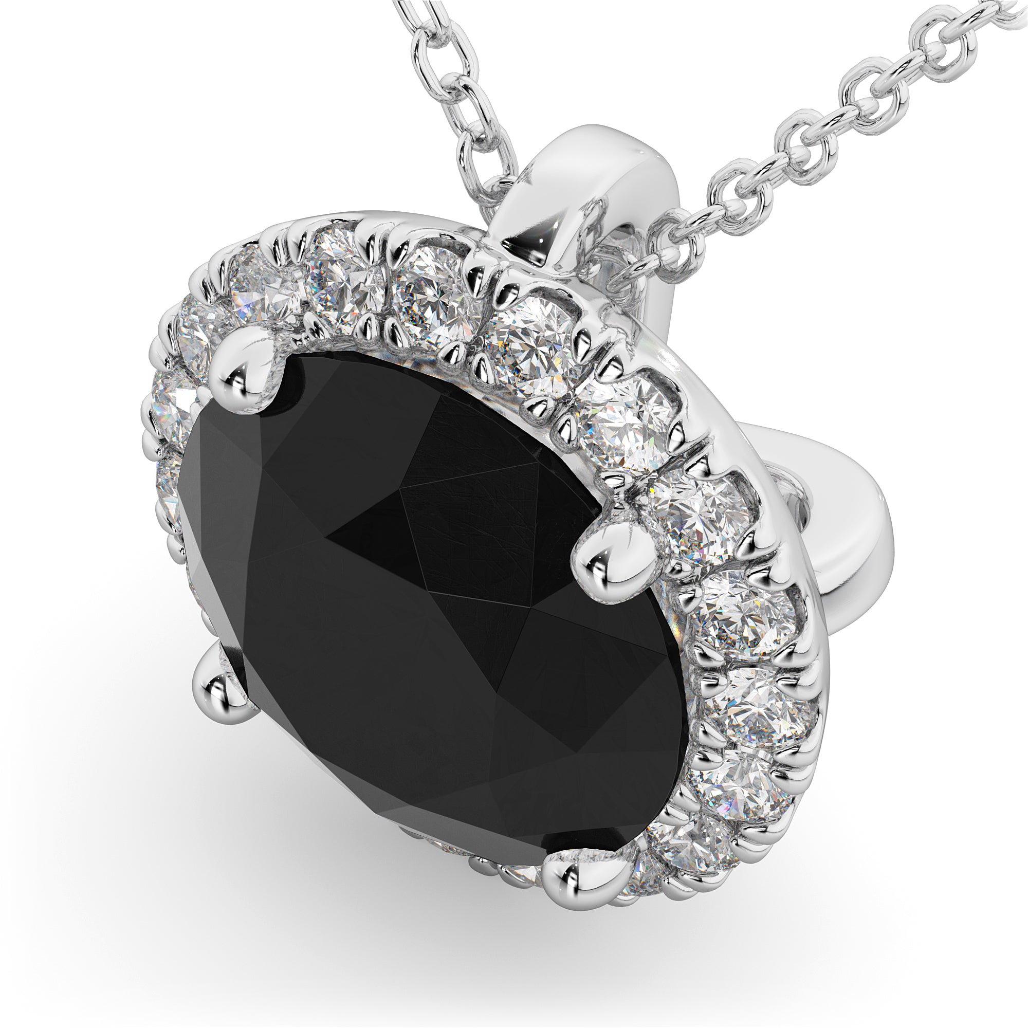 Halo Round Black Diamond & White Diamond Pendant Necklace in 14K White Gold (2.29ct) – Bold & Elegant Fine Jewelry Gift for Women Top View