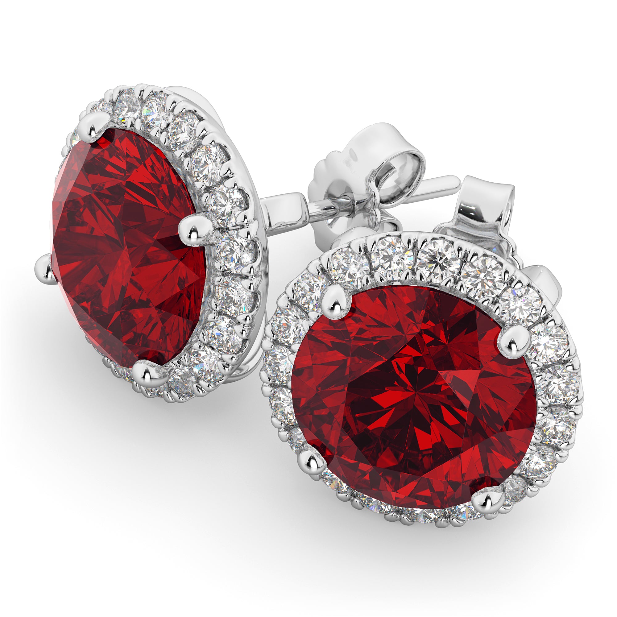 Halo Round Lab Ruby & Diamond Earrings in 14k White Gold (5.17ct) Front Top View