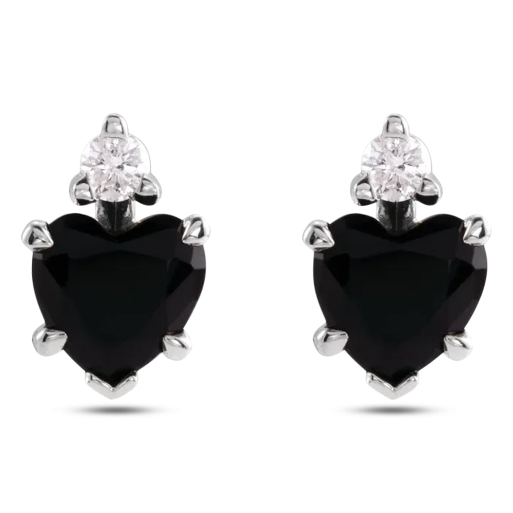 Heart Black Onyx & Diamond Stud Earrings in 14K White Gold | Elegant Dark Gemstone Earrings for Women (0.41ctw) front view