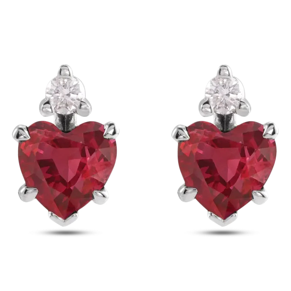 Heart Shaped Lab Grown Ruby & Natural Diamond Stud Earrings in 14K White Gold (0.62ct) Front View