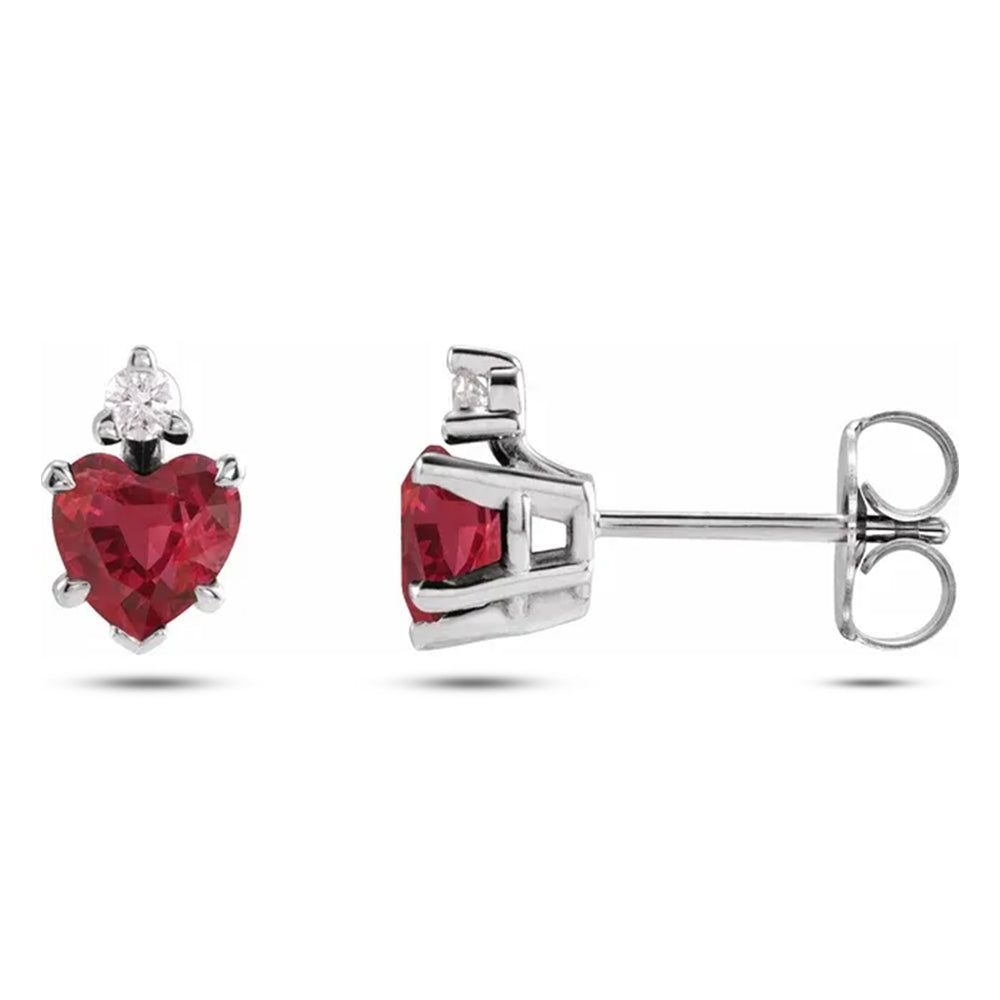 Heart Shaped Lab Grown Ruby & Natural Diamond Stud Earrings in 14K White Gold (0.62ct) Front View 2