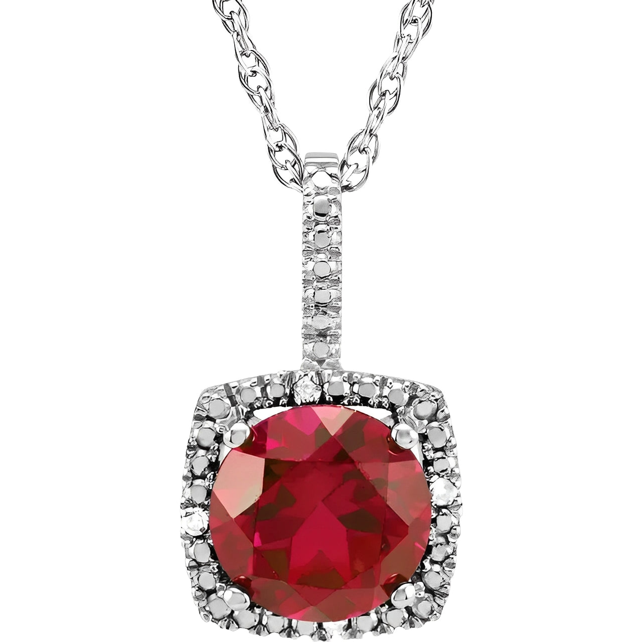 Lab Grown Ruby & Natural Diamond Pendant Necklace in Sterling Silver (1.82ct) – Romantic Red Gemstone Jewelry for Women Front View