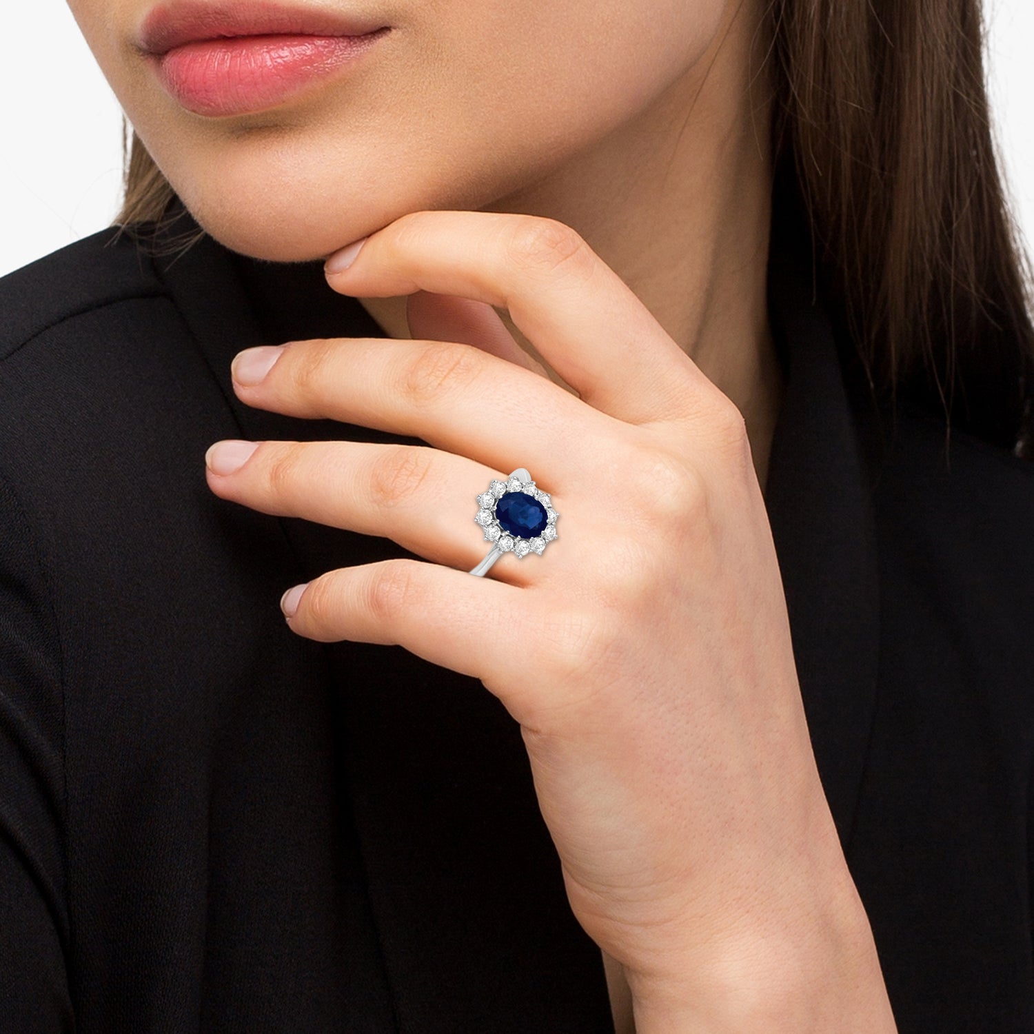 Lady Diana Diamond & Blue Sapphire Ring in 14k White Gold (2.10ct) when worn