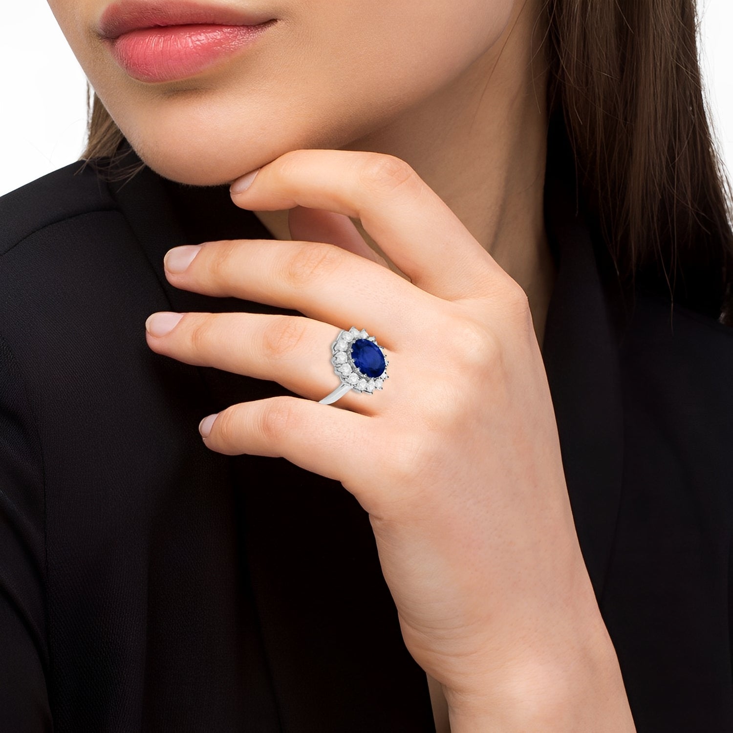 Lady Diana Diamond & Blue Sapphire Ring in 14k White Gold (5.40ct) when worn