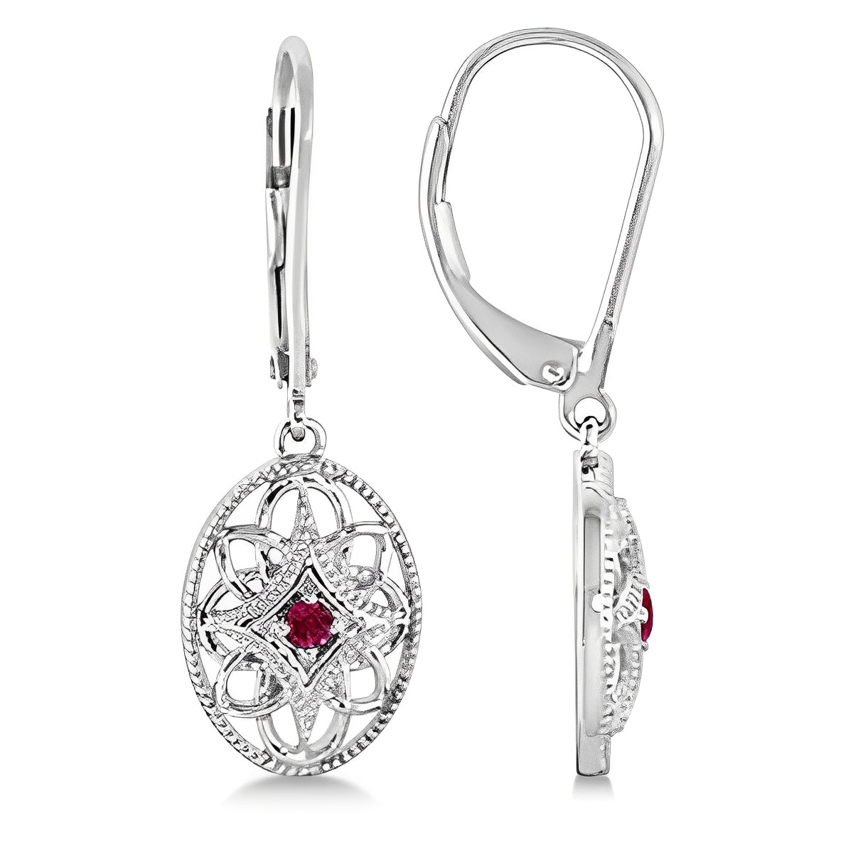 Lever-back Vintage Ruby Earrings in Sterling Silver (0.06ct) Front Side View