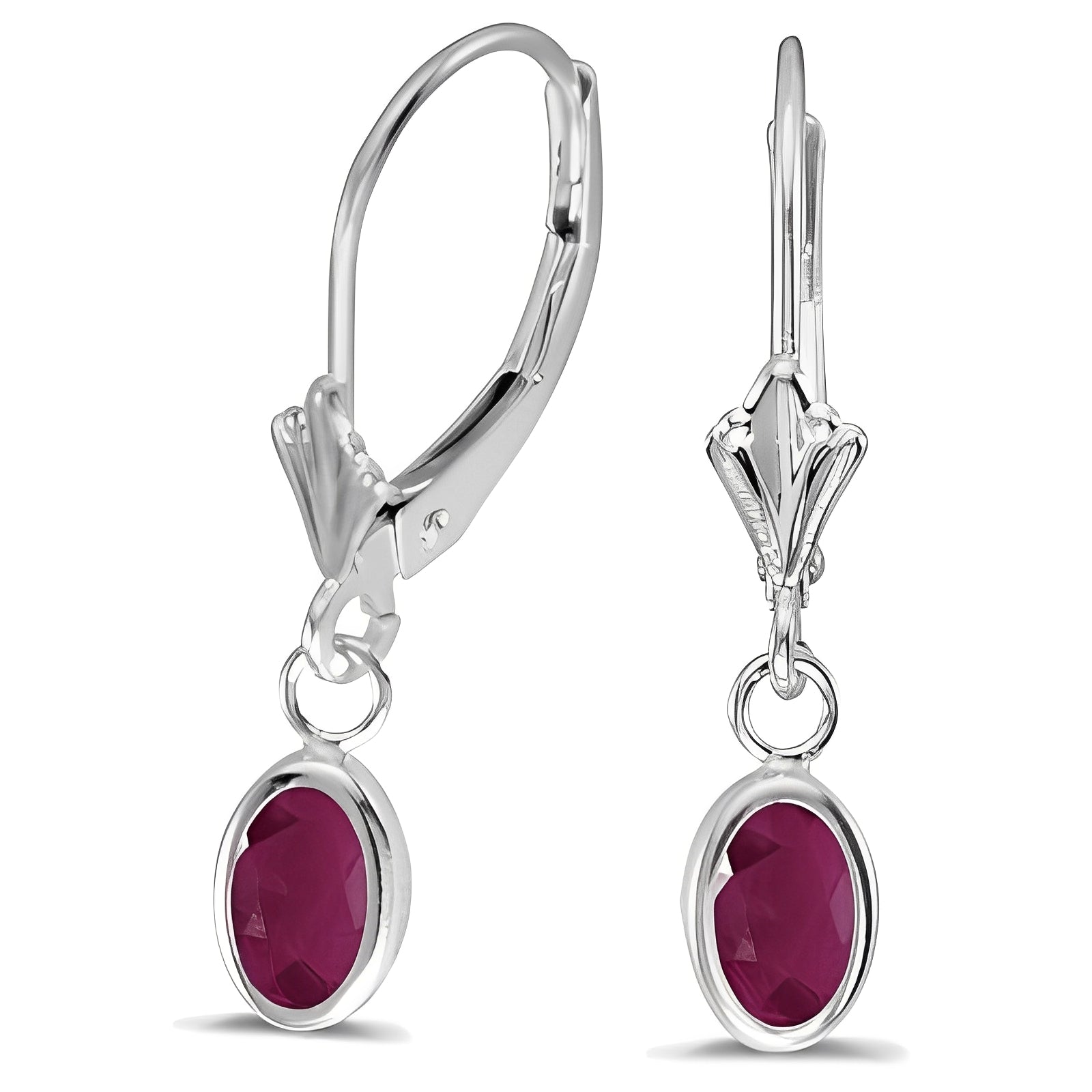 Lever-back Oval Ruby Drop Earrings in 14K White Gold (1.20ct) Front Side View