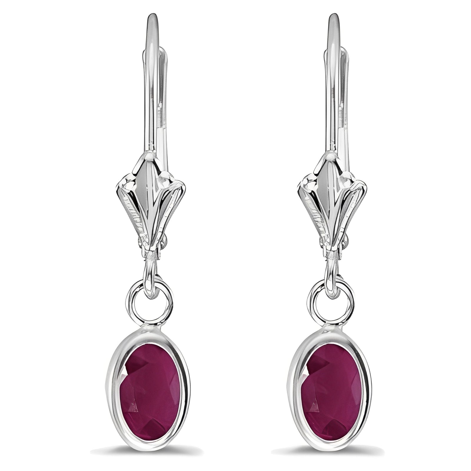 Lever-back Oval Ruby Drop Earrings in 14K White Gold (1.20ct) Front View