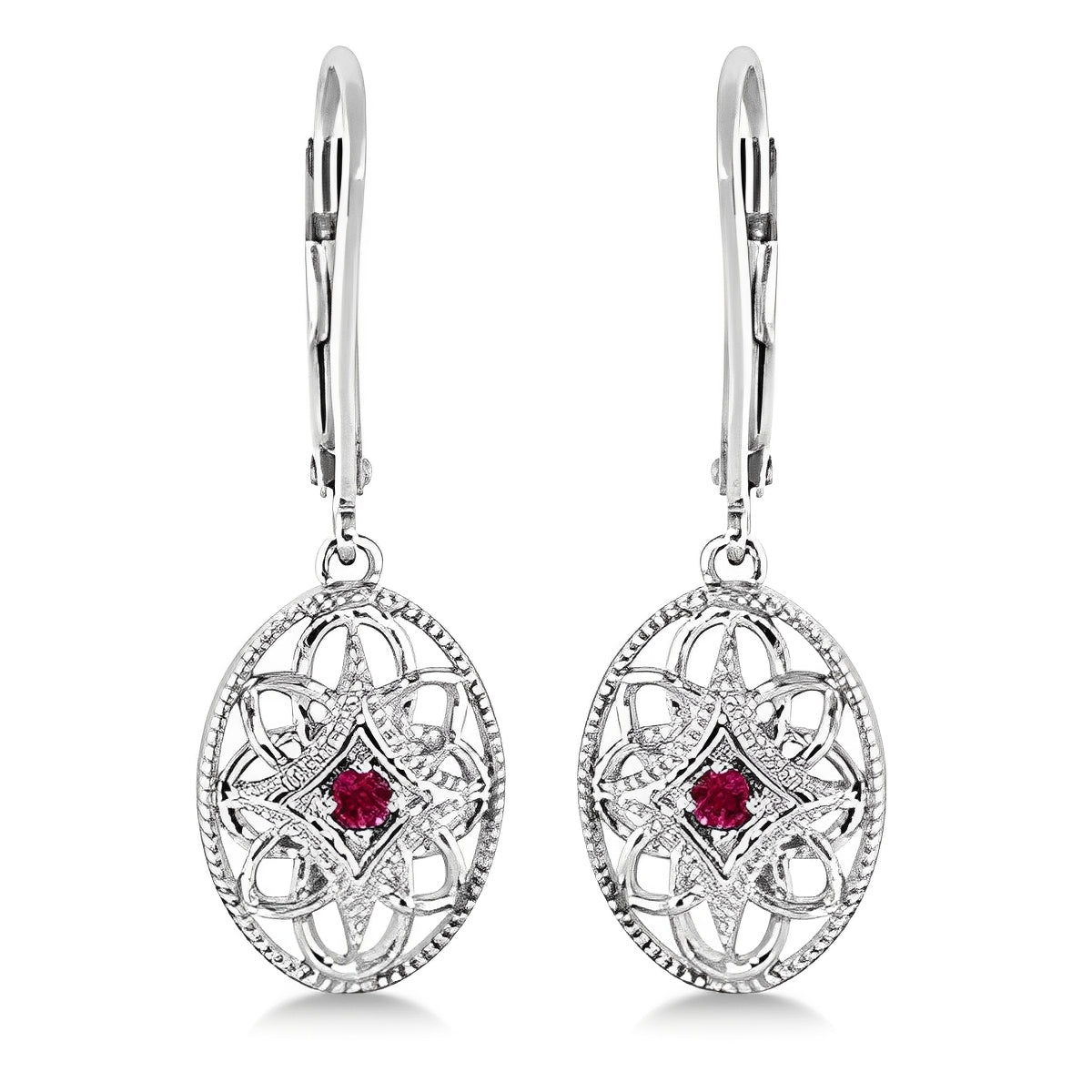 Lever-back Vintage Ruby Earrings in Sterling Silver (0.06ct) Front View