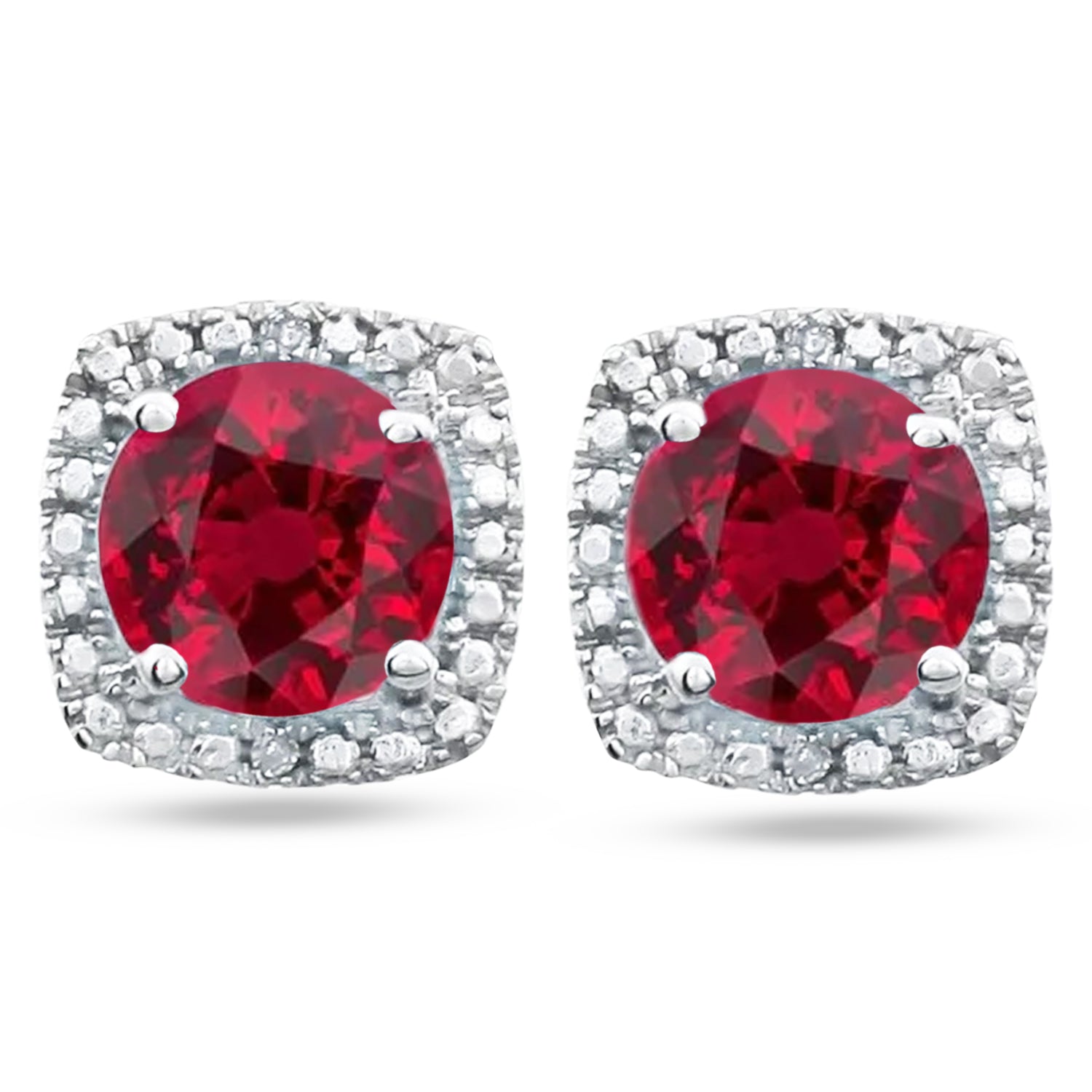 Natural Diamond & Lab Grown Ruby Stud Earrings in Sterling Silver (1.20ct) Front View