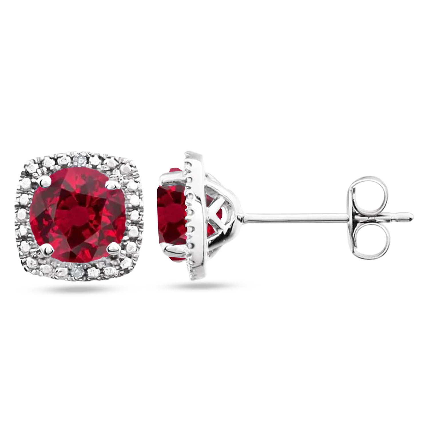 Natural Diamond & Lab Grown Ruby Stud Earrings in Sterling Silver (1.20ct) Side View