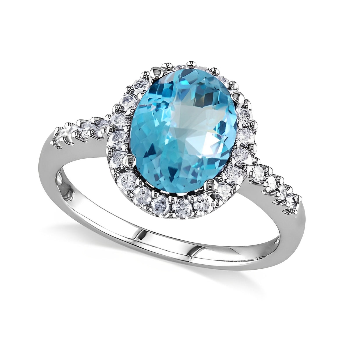 Oval Blue Topaz & Diamond Halo Engagement Ring in 14K White Gold (3.92ct) – Royal-Inspired Design top view