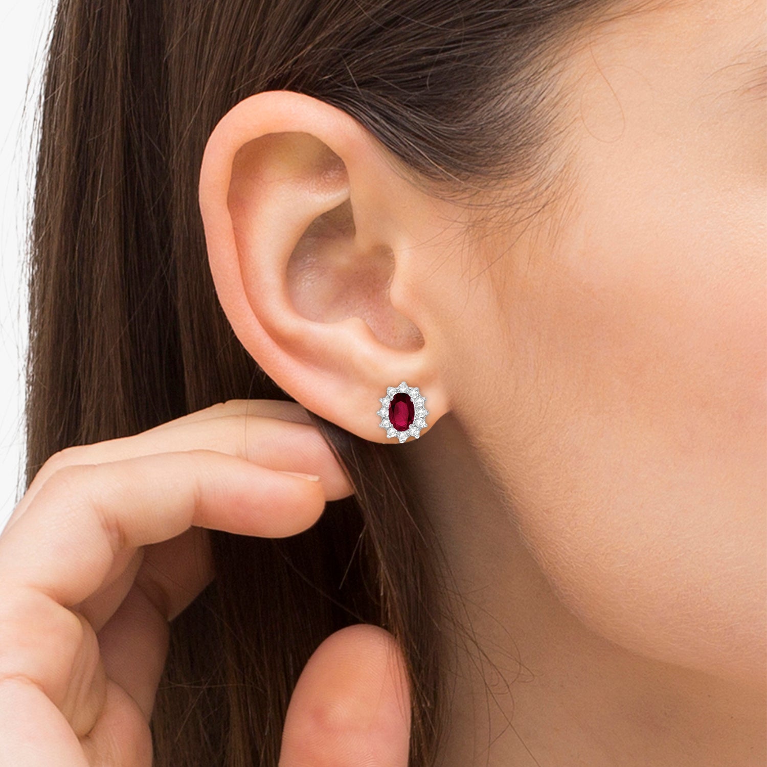 Diamond Accented Oval Ruby Earrings 14k White Gold on Woman