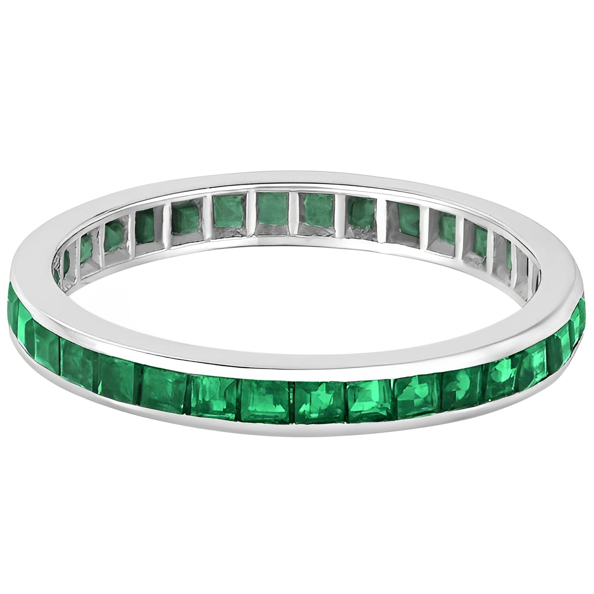 Princess-Cut Emerald Eternity Ring Band 14k White Gold (1.36ct) Flat View