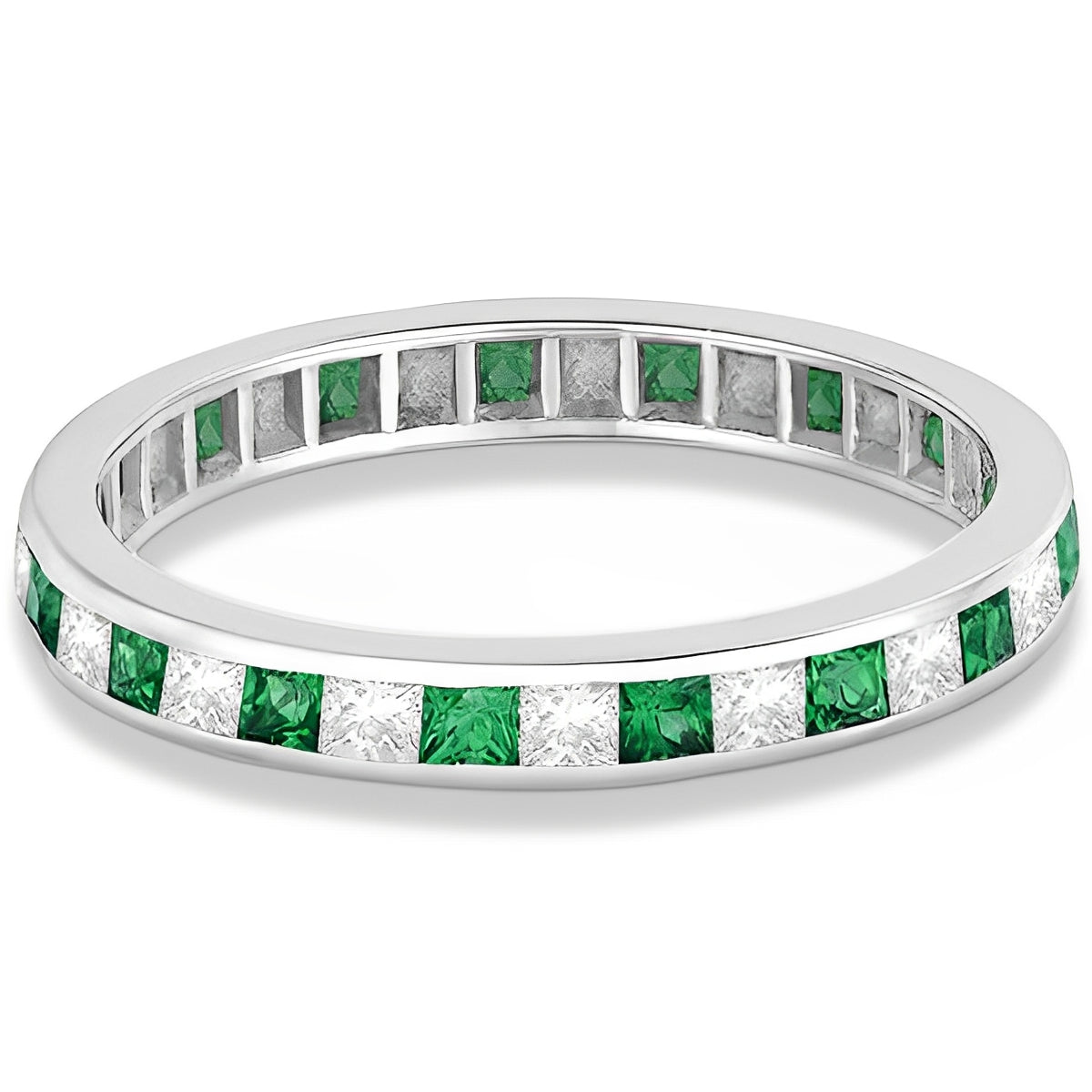 Princess-Cut Emerald & Diamond Eternity Ring 14k White Gold (1.26ct) Flat View