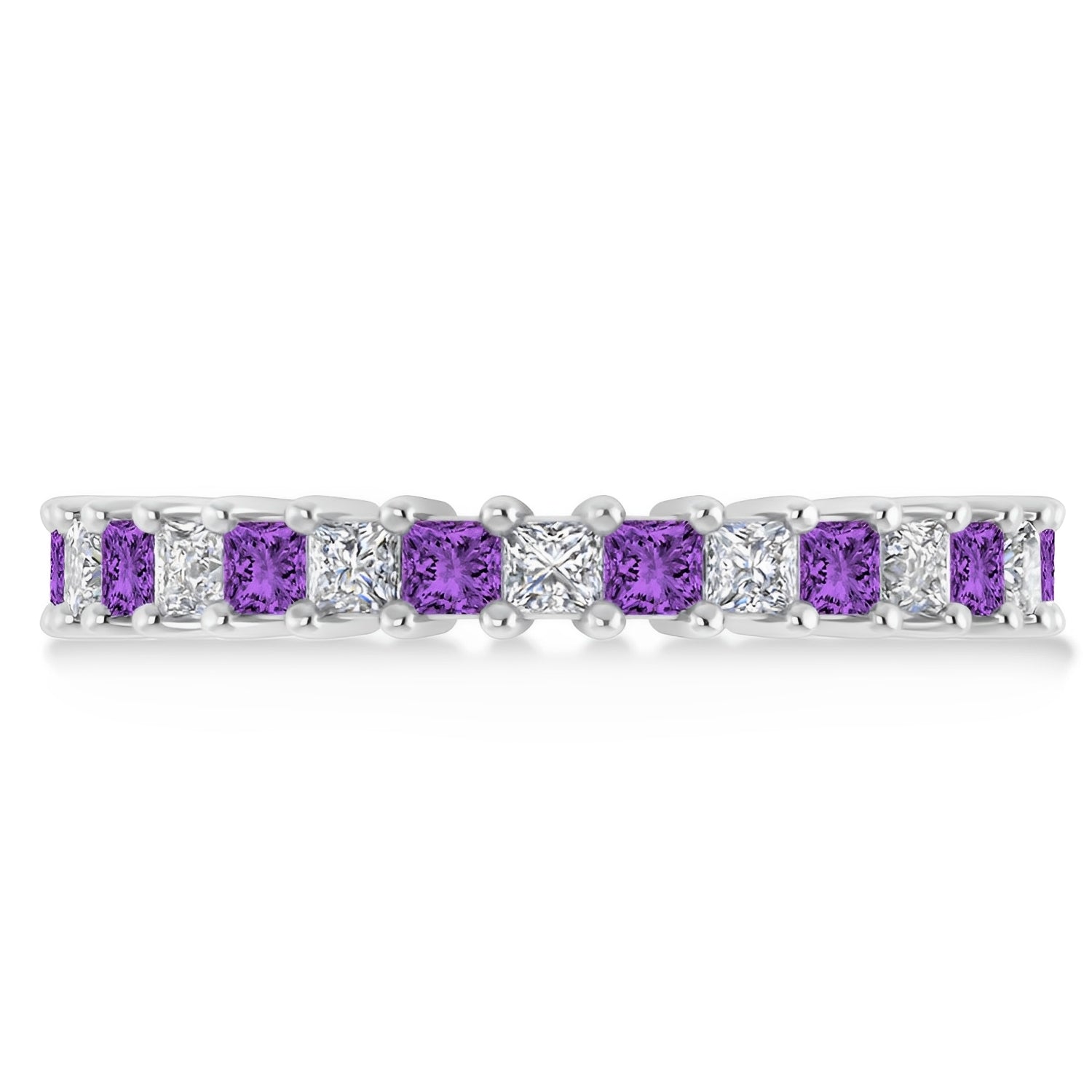 Princess Cut Diamond & Amethyst Wedding Band in 14k White Gold Flat View