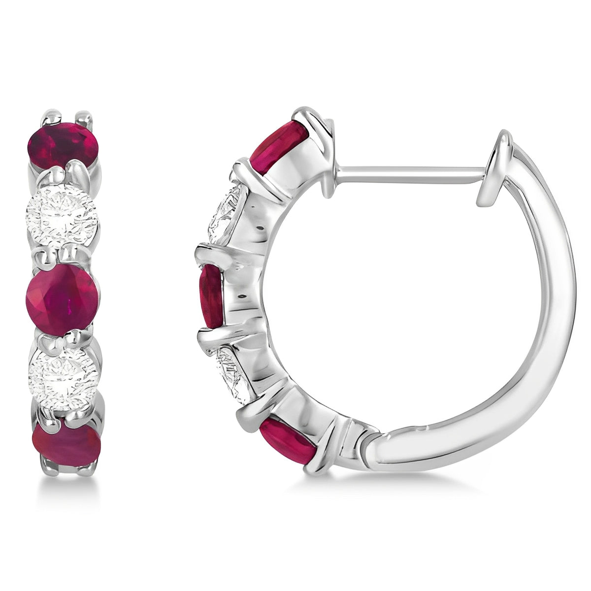 Prong Set Diamond & Ruby Hoop Earrings in 14k White Gold (1.94ct) Front Side View