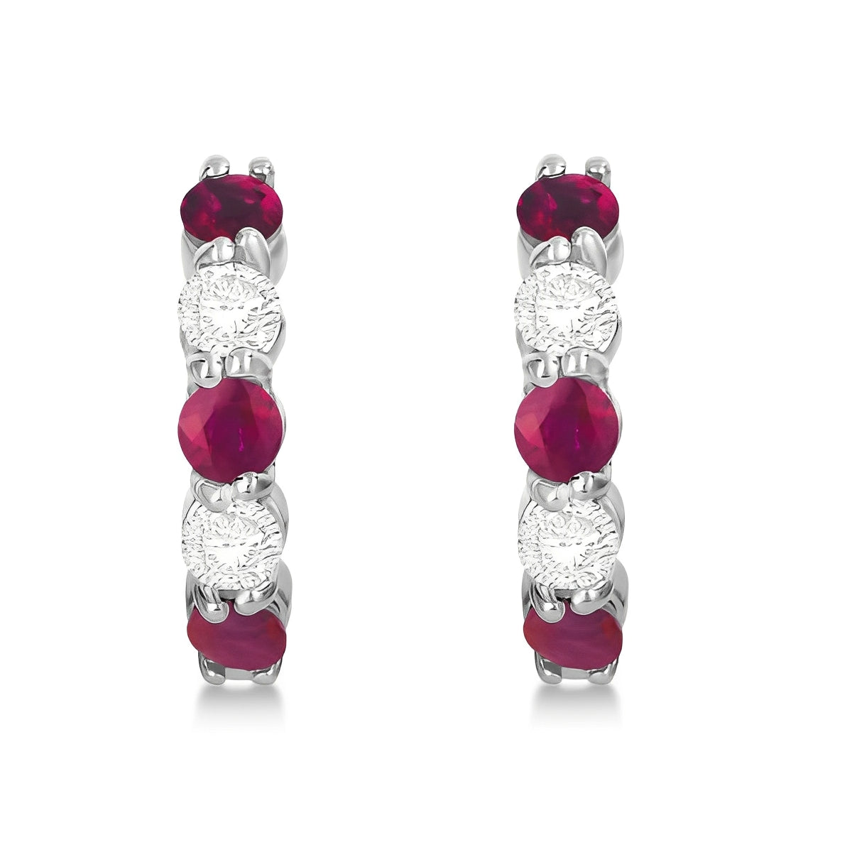 Prong Set Diamond & Ruby Hoop Earrings in 14k White Gold (1.94ct) Front View