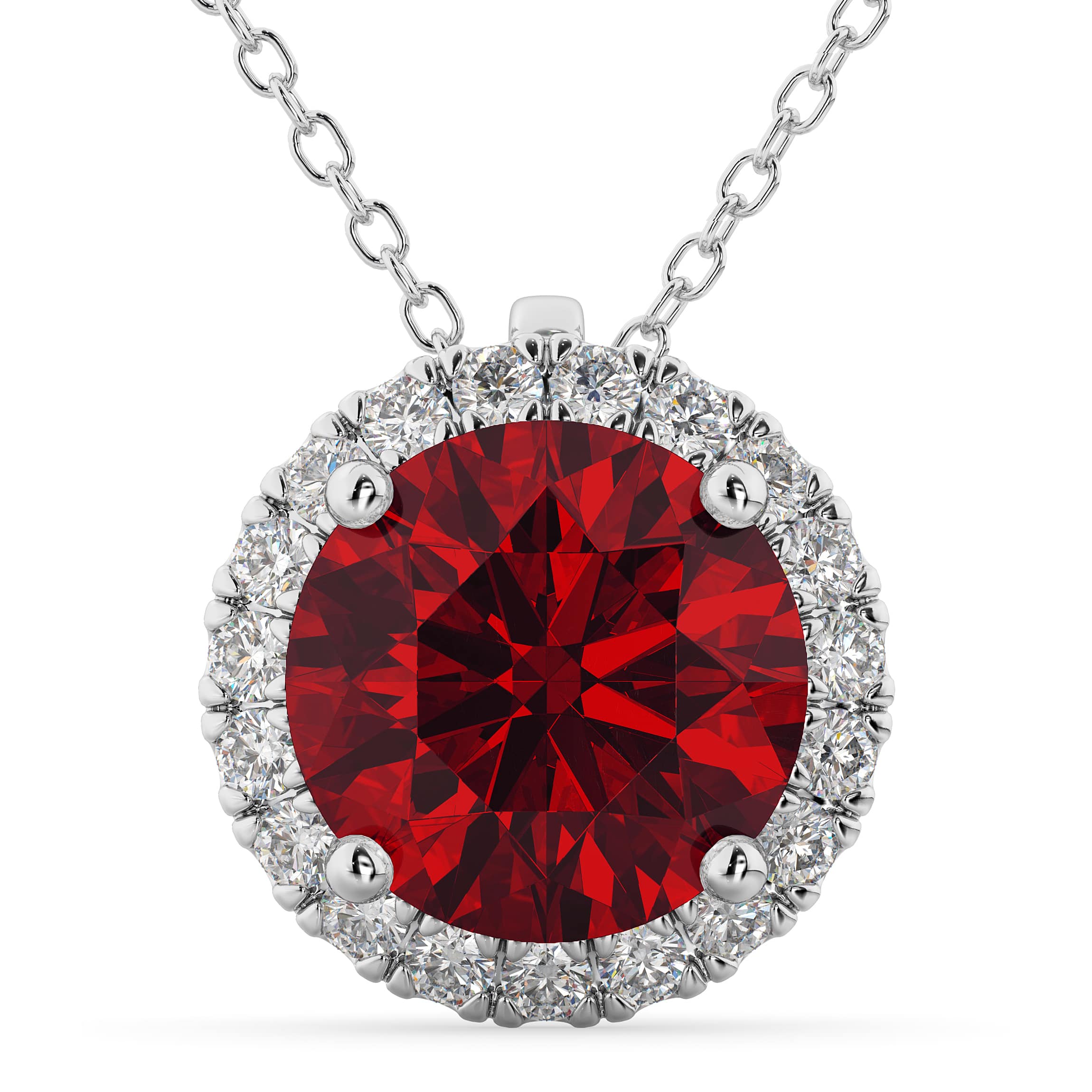 diamond halo and round ruby necklace Front View