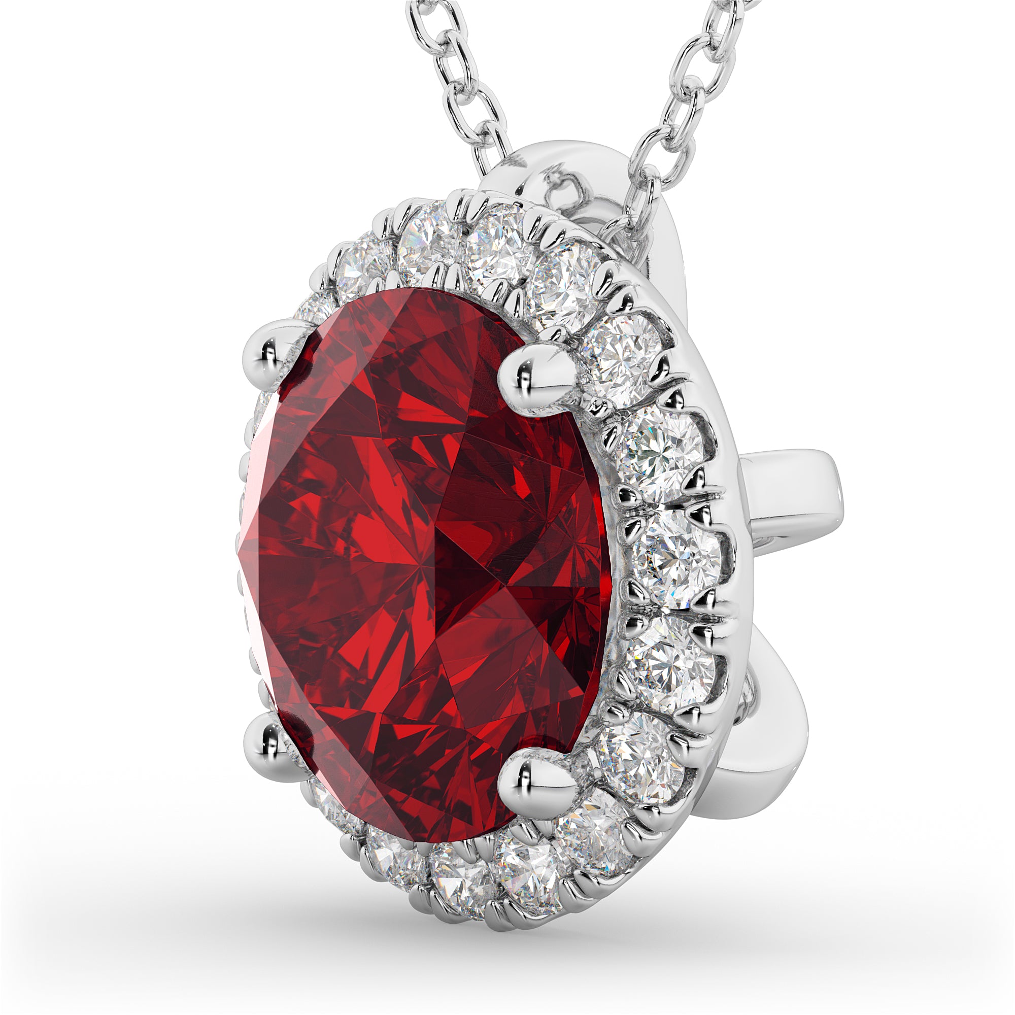halo diamond and round ruby necklace Side View