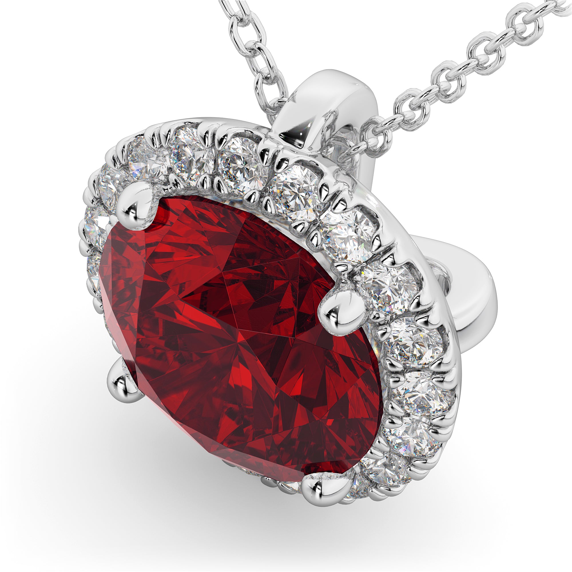halo diamond and round ruby necklace Top View