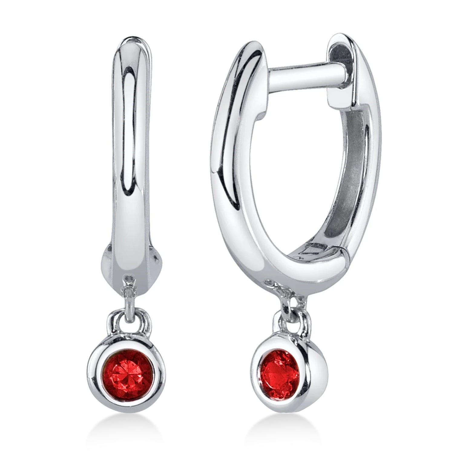Round Ruby Bezel Huggie Earrings in 14K White Gold (0.08ct) Front View 3