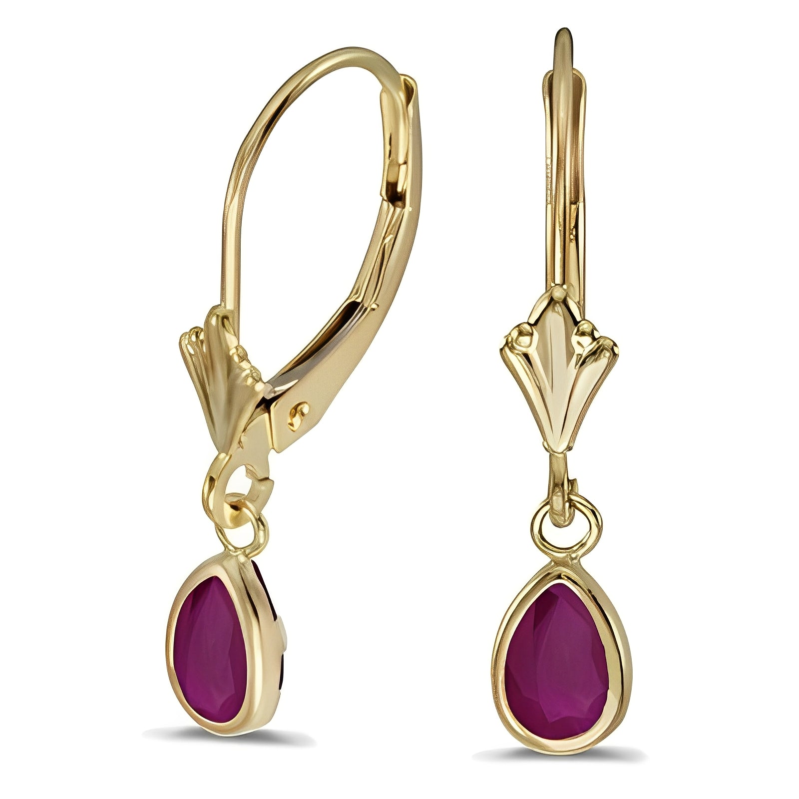 Ruby Dangling Drop Lever-Back Earrings in 14K Yellow Gold (0.90ct) Front Side View