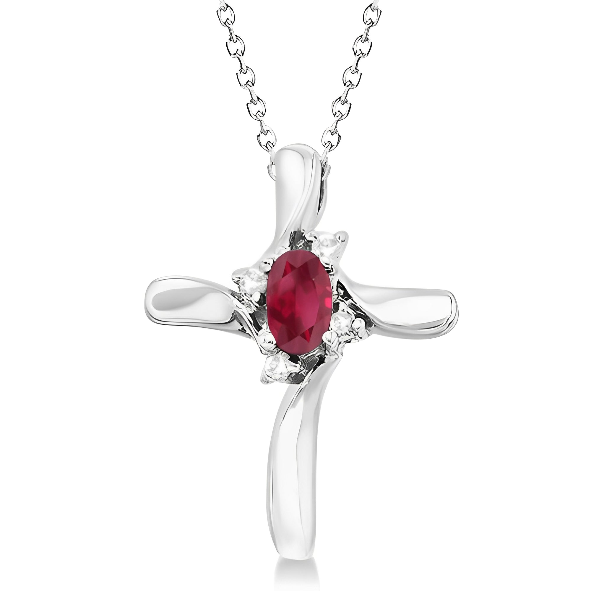 diamond and ruby cross necklace front view