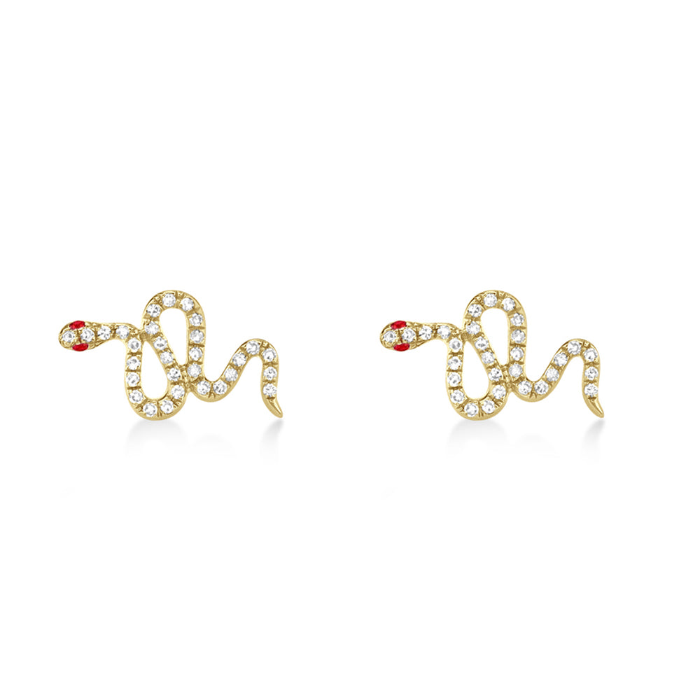 Diamond & Ruby Snake Stud Earrings in 14k Gold Front View