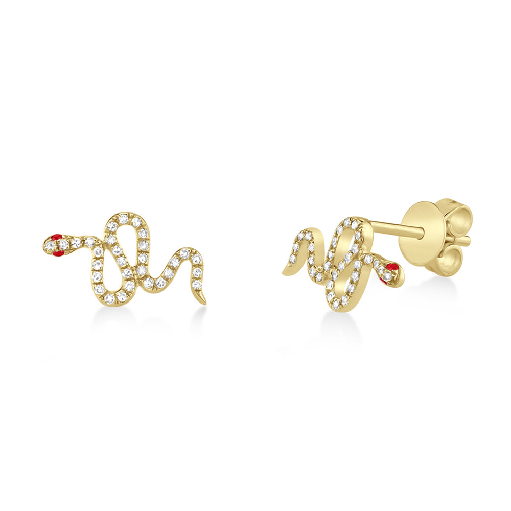 Diamond & Ruby Snake Stud Earrings in 14k Gold Side View
