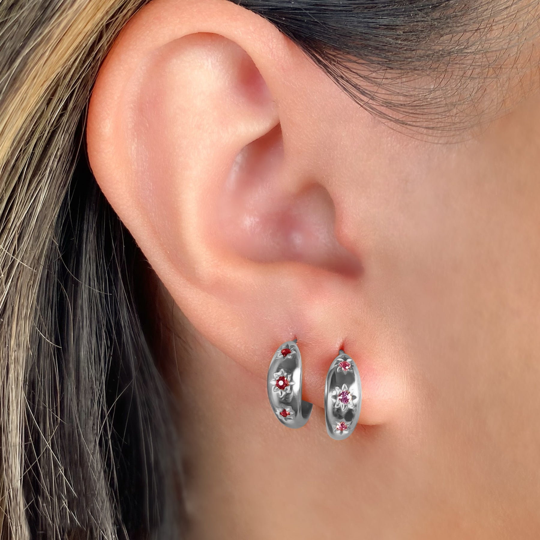 Star Huggie Ruby Earrings in 14K White Gold (0.12ct) on Woman